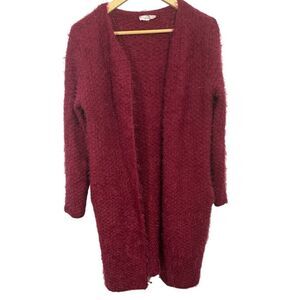 ENTRO Women’s Chunky Eyelash Texture Open Front Long Cardigan/Duster Red Small